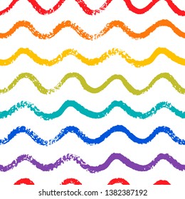 Hand drawn seamless vector pattern. Abstract rainbow ornament with wavy strips. Multicolor strips placed in rows on white background. Texture for fabric, textile, wrapping. Symbol of freedom.