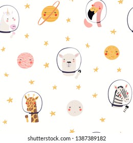 Hand drawn seamless vector pattern with cute animal astronauts, stars, in space, on a white background. Scandinavian style flat design. Concept for children, textile print, wallpaper, wrapping paper.