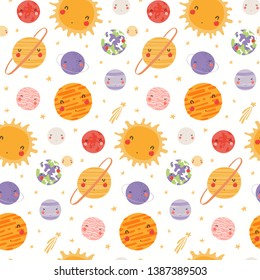Hand drawn seamless vector pattern with cute Solar system planets, stars, on a white background. Scandinavian style flat design. Concept for children textile print, wallpaper, wrapping paper.