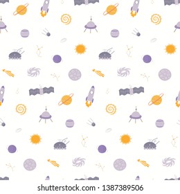 Hand drawn seamless vector pattern with cosmic elements, spaceships, planets, on a white background. Scandinavian style flat design. Concept for children, textile print, wallpaper, wrapping paper.
