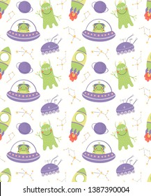 Hand drawn seamless vector pattern with cute aliens, spaceships, constellations, on a white background. Scandinavian style flat design. Concept for children, textile print, wallpaper, wrapping paper.