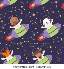 Hand drawn seamless vector pattern with cute animal astronauts, stars, in space, on a dark background. Scandinavian style flat design. Concept for children textile print, wallpaper, wrapping paper.