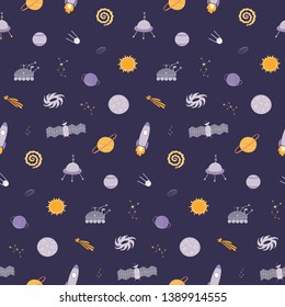 Hand drawn seamless vector pattern with cosmic elements, spaceships, planets, on a dark background. Scandinavian style flat design. Concept for children, textile print, wallpaper, wrapping paper.