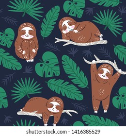 Hand drawn seamless vector pattern with cute happy sloths and tropical palm leaves in summer jungle forest. Seamless pattern for baby decor.

