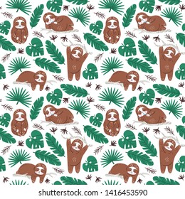 Hand drawn seamless vector pattern with cute happy sloths and tropical palm leaves in summer jungle forest. Seamless pattern for baby decor.
