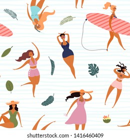 Hand drawn seamless vector pattern with happy young women in swimsuits, palm leaves, on a stripes background. Flat style design illustration. Concept for textile print, wallpaper, wrapping paper.