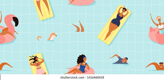 Hand drawn seamless vector pattern with happy young people in the pool, swimming, sunbathing, on a blue background. Flat style design illustration. Concept for textile print, wallpaper, wrapping paper
