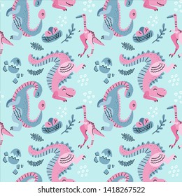 Hand drawn seamless vector pattern with cute dinosaurs, eggs in nest linear decor. Repetitive wallpaper on blue background. Perfect for fabric,wrapping paper or nursery decor. Cute dino pink design