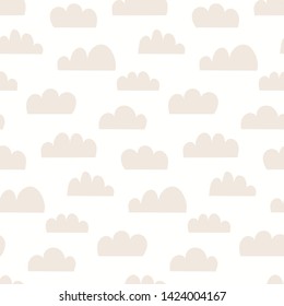 Hand drawn seamless vector pattern with clouds, on a white background. Scandinavian style flat design. Concept for children summer textile print, wallpaper, wrapping paper.