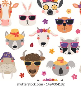 Hand drawn seamless vector pattern with cute animal faces in hats, sunglasses, on a white background. Scandinavian style flat design. Concept for kids summer textile print, wallpaper, wrapping paper.