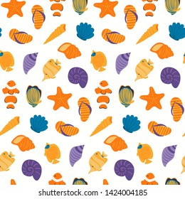 Hand drawn seamless vector pattern with seashells, starfish, coral reef fish, on a white background. Scandinavian style flat design. Concept for summer textile print, wallpaper, wrapping paper.