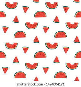 Hand drawn seamless vector pattern with watermelon slices, on a white background. Scandinavian style flat design. Concept for summer textile print, wallpaper, wrapping paper.