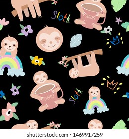 Hand drawn seamless vector pattern with cute sloths and tree ,lmonstera, flowers, coffee cup on green background.Set of adorable animals sleeping in the forest.