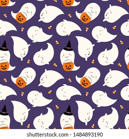 Hand drawn seamless vector pattern with cute ghosts, pumpkins, corn candy, on a violet background. Kawaii style flat design. Concept Halloween textile print, wallpaper, wrapping paper, holiday decor.