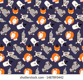 Hand drawn seamless vector pattern with cute animals in Halloween costumes, on a violet background. Scandinavian style flat design. Concept for children textile print, wallpaper, wrapping paper.