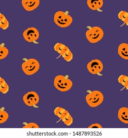 Hand drawn seamless vector pattern with cute pumpkins, jack o lanterns, on a violet background. Kawaii style flat design. Concept for Halloween textile print, wallpaper, wrapping paper, holiday decor.