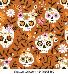 

Hand drawn seamless vector pattern with cute sugar skulls and flowers. Perfect for fabric or wrapping paper. You can find the matching tee-shirt logo in my Halloween set.
