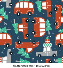 Hand drawn seamless vector pattern with cute cars and Christmas trees. Perfect for fabric or wrapping paper. You can find the matching tee-shirt logo in my Christmas set.