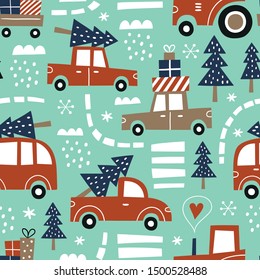 Hand drawn seamless vector pattern with cute cars and Christmas trees. Perfect for fabric or wrapping paper. You can find the matching tee-shirt logo in my Christmas set.