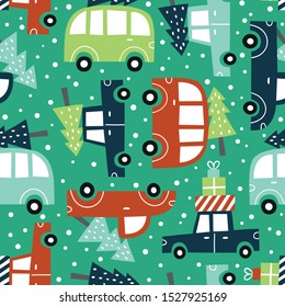 Hand drawn seamless vector pattern with cute cars and Christmas trees on green background. Perfect for fabric or wrapping paper. 