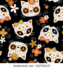 Hand drawn seamless vector pattern and cute cat sugar skulls   flowers black background  Perfect for fabric wrapping paper  
