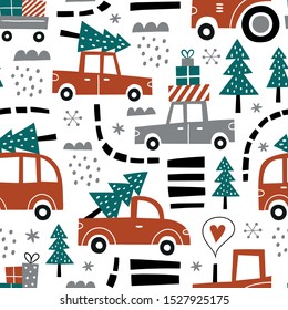 Hand drawn seamless vector pattern with cute cars and Christmas trees. Perfect for fabric or wrapping paper. 