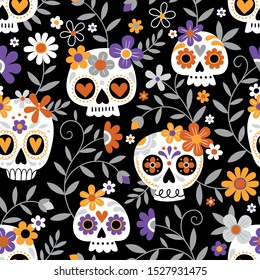 Hand drawn seamless vector pattern with cute sugar skulls and flowers. Perfect for fabric or wrapping paper. You can find the matching tee-shirt logo in my Halloween set.