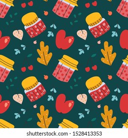 Hand drawn seamless vector pattern with cherry jam jars, homemade dessert. Endless background with berries and leaves, textile fabric or wrapping paper. Decorative doodle wallpaper.