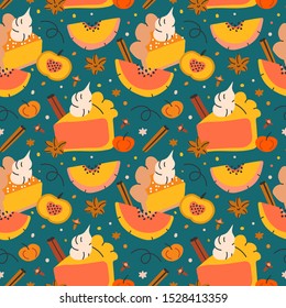 Hand drawn seamless vector pattern with pumpkin and spice tart pie decorated with cinnamon. Endless background with piece of cake, textile fabric or wrapping paper. Decorative doodle wallpaper.