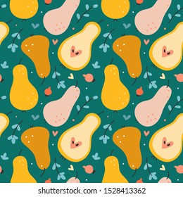 Hand drawn seamless vector pattern with cute colorful pears, whole and cut. Endless background with fruit for graphic print, textile fabric or wrapping paper. Decorative doodle wallpaper.