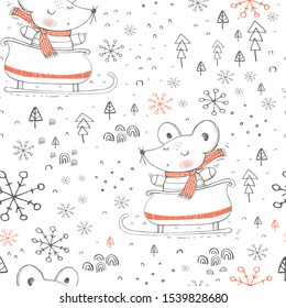 Hand drawn seamless vector pattern with a cute mouse on Sleigh. hand drawn vector illustration for Christmas, kids textile print, wallpaper, wrapping paper.