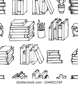 Hand drawn seamless vector pattern with Books. Notebooks, Notepads and Diaries. Sketch Stack of books. Office stuff, student desk. Simple cartoon style illustration. Doodle elements. School
