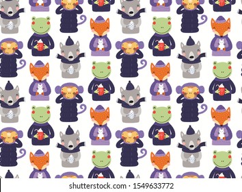 Hand drawn seamless vector pattern with cute animals in warm clothes, enjoying winter activities, on a white background. Scandinavian style flat design. Concept for children textile print, wallpaper.