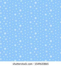 Hand drawn seamless vector pattern with different snowflakes, falling snow, white on a bright blue background. Scandinavian style flat design. Concept for children, winter textile print, wallpaper.