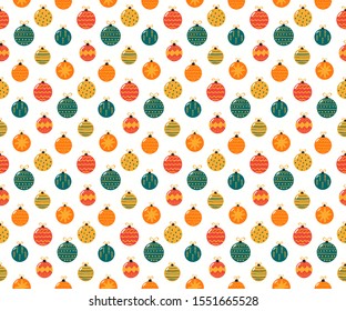 Hand drawn seamless vector pattern with bright Christmas ornaments, on a white background. Scandinavian style flat design. Concept for children textile print, wallpaper, wrapping paper, packaging.