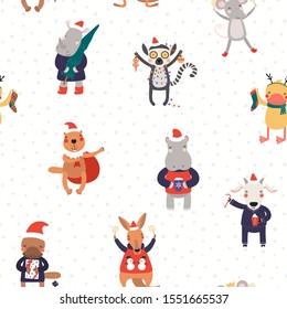 Hand drawn seamless vector pattern with cute animals in Santa hats doing Christmas activities, on white background. Scandinavian style flat design. Concept for kids print, wallpaper, wrapping paper.