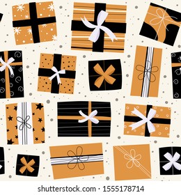 Hand drawn seamless vector pattern with present boxes. Xmas sketch texture. Color decorated snowflakes and stars. New Year textile, wrapping paper, background design