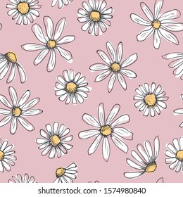 Hand drawn seamless vector pattern with chamomile flowers. White daisy as childish drawing with black doodle stroke on a dusty pink background