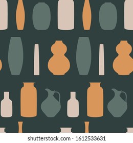 Hand drawn seamless vector pattern with vases. Abstract pattern with vase for card, poster, flyer, home decor