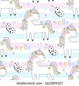 Hand drawn seamless vector pattern with cute unicorns, stars and planet. Repetitive wallpaper on white background.