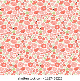 Hand drawn seamless vector pattern with ditsy pink and red flowers, green leaves. Scandinavian style flat design. Concept for Valentines day textile print, wallpaper, wrapping paper, packaging.
