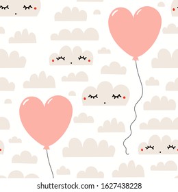 Hand drawn seamless vector pattern with cute clouds, heart shaped air balloon, on a white background. Scandinavian style flat design. Concept Valentines day textile print, wrapping paper, packaging.