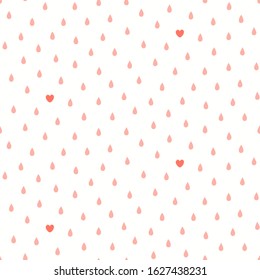 Hand drawn seamless vector pattern with pink raindrops, red heart, on a white background. Scandinavian style flat design. Concept for Valentines day textile print, wallpaper, wrapping paper, packaging