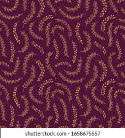 Hand drawn seamless vector pattern with grasses, leaves, gold on purple background. Design concept for floral Easter print, packaging, wrapping paper, card, banner, invite. Line art illustration.