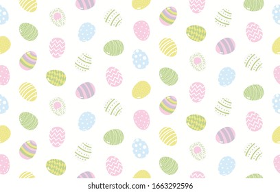 Hand drawn seamless vector pattern with cartoon painted eggs, on a white background. Scandinavian style flat design. Concept for Easter day kids textile print, wallpaper, wrapping paper, packaging.