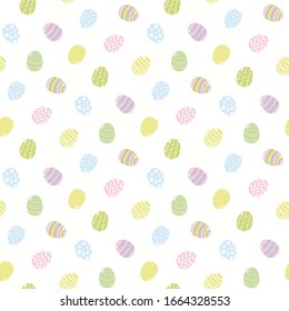 Hand drawn seamless vector pattern with cartoon painted eggs, on a white background. Scandinavian style flat design. Concept for Easter day kids textile print, wallpaper, wrapping paper, packaging.