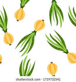 Hand drawn seamless vector pattern of onion Vegetarian food background. Cartoon style. Green vegetables.