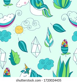 Hand drawn seamless vector pattern with cute unicorns, stars and planet. Perfect for fabric, wallpaper, wrapping paper or nursery decor.