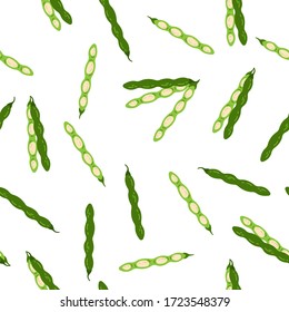 Hand drawn seamless vector pattern of bean pods. Vegetarian food background. Cartoon style. Green vegetables.