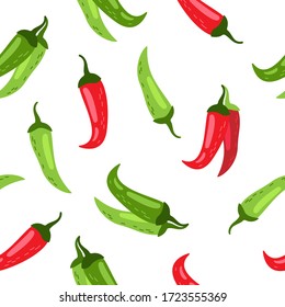 Hand drawn seamless vector pattern of peppers. Vegetarian food background. Cartoon style. Spicy food.